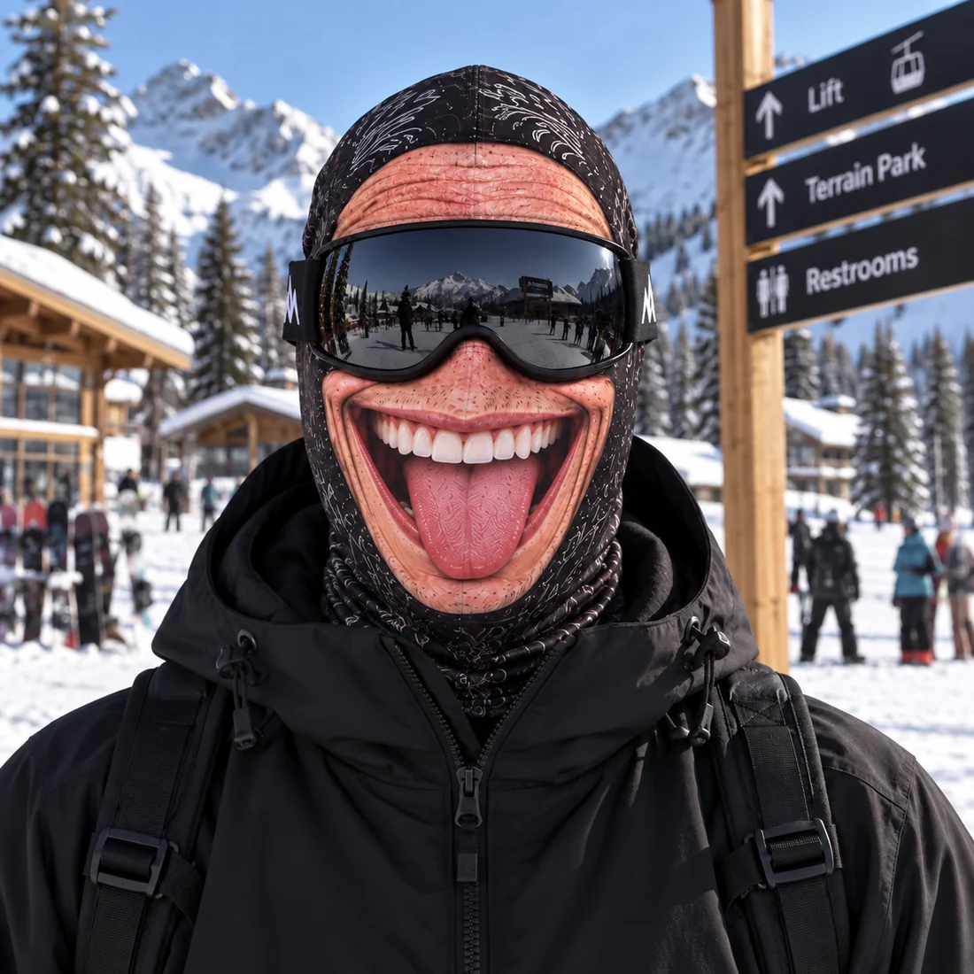 Tongue-out smile ski mask worn at a mountain ski resort