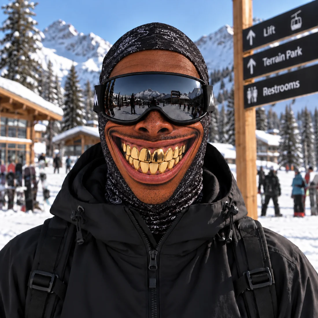 Gold-teeth grin ski mask worn with black ski goggles